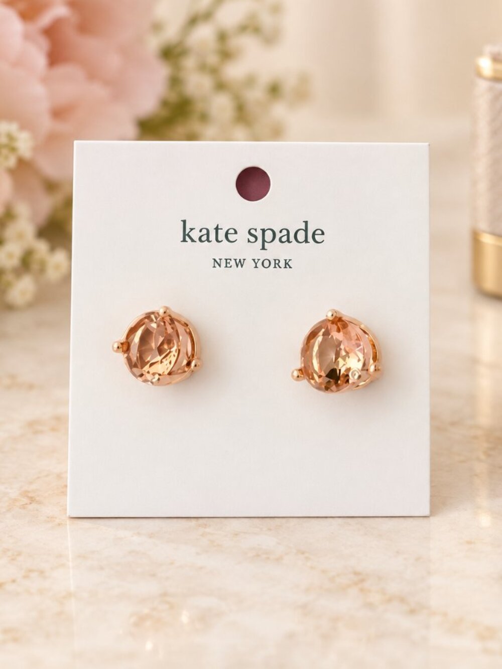 Kate Spade Rose Gold Peach Crystal Stud Earrings NWT - Picture 3 of 3